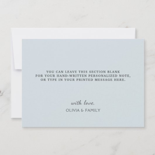 冬の雪の花、動物の誕生日、ベビーシャワー サンキューカード (裏面)