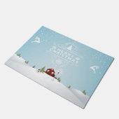 冬の雪の赤いキャビン ドアマット (アングル)
