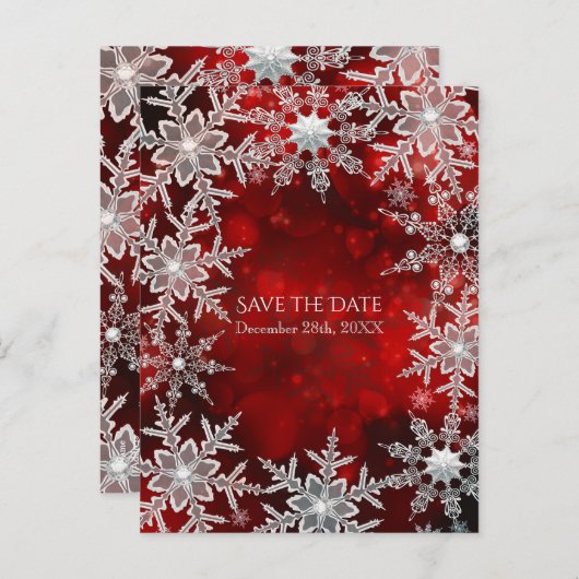 冬の雪の赤いホリデーパーティー日付を保存 案内ポストカード (正面/裏面)
