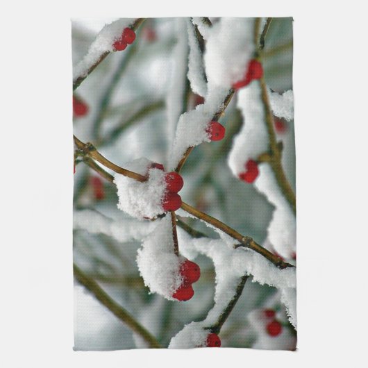 冬の雪の赤い果実 キッチンタオル (縦)
