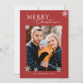 冬の雪の赤い緑のメリークリスマスフォト シーズンカード (正面)