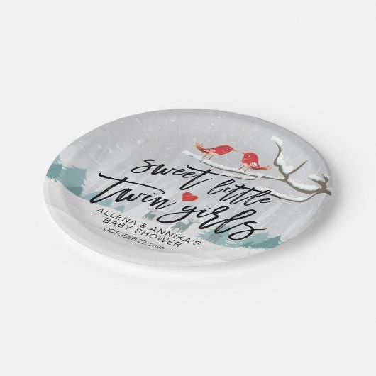 冬の雪の赤ちゃんシャワー甘い小さな双子の女の子 ペーパープレート (アングル)