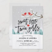 冬の雪の赤ちゃんシャワー甘い小さな双子の女の子 招待状 (正面/裏面)