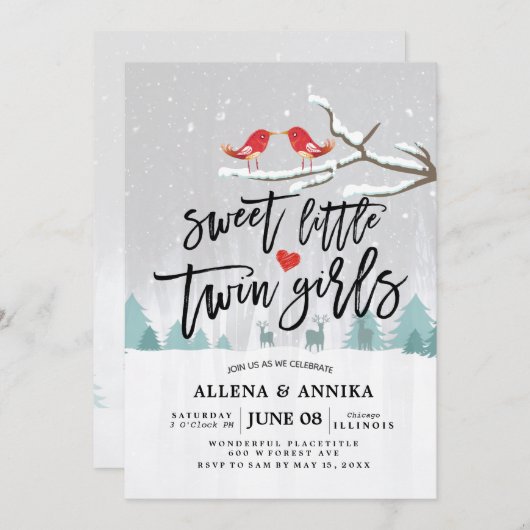 冬の雪の赤ちゃんシャワー甘い小さな双子の女の子 招待状 (正面/裏面)