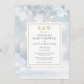 冬の雪の金ゴールドモノグラムカップルズベビーシャワー 招待状 (正面/裏面)