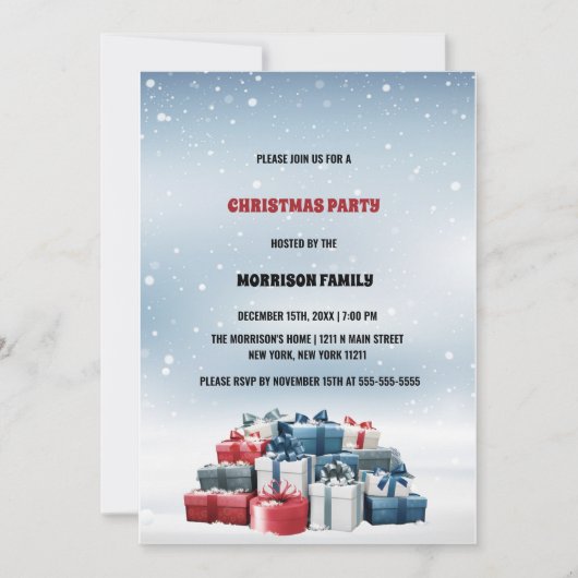 冬の雪の青の水色のクリスマス 招待状 (正面)