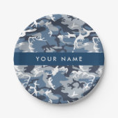 冬の雪の青の迷彩自分の名前をパーソナライズ ペーパープレート (正面)