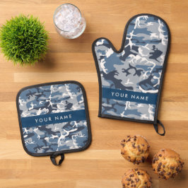 冬の雪の青の迷彩自分の名前をパーソナライズ 鍋つかみ&鍋敷きセット