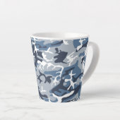 冬の雪の青の迷彩、軍隊、陸軍 カフェラテマグ (右アングル)