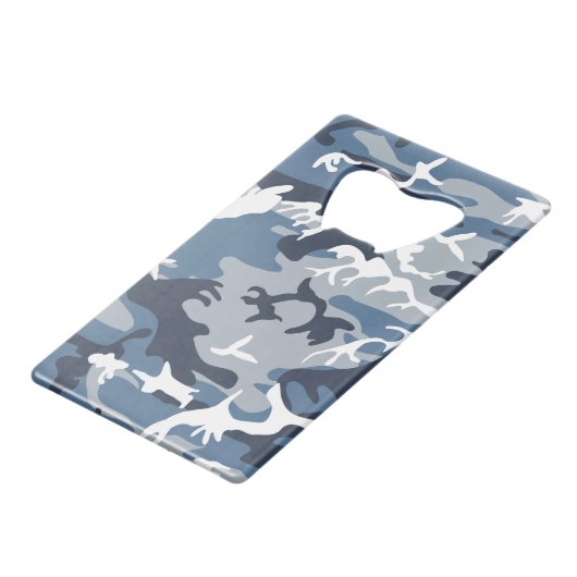 冬の雪の青の迷彩、軍隊、陸軍 クレジットカード栓抜き (正面アングル)