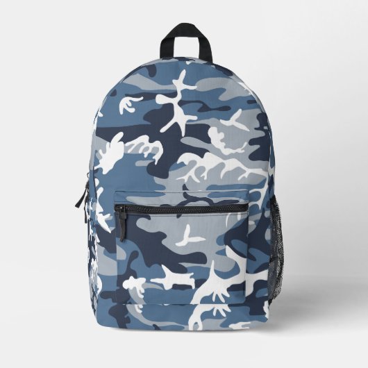 冬の雪の青の迷彩、軍隊、陸軍 プリントバックパック (正面)