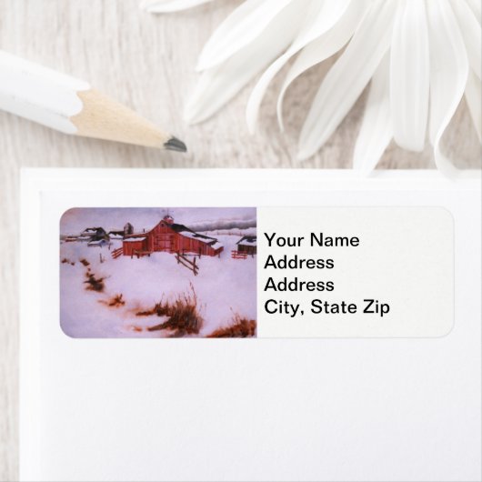 冬の雪は赤い納屋を覆い、農場の小屋は風景を描いた。 ラベル (インサイチュ)