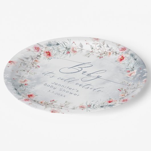 冬の雪ほこりっぽい青いリースの赤ちゃんシャワー ペーパープレート (アングル)