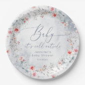 冬の雪ほこりっぽい青いリースの赤ちゃんシャワー ペーパープレート (正面)