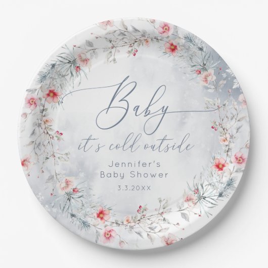 冬の雪ほこりっぽい青いリースの赤ちゃんシャワー ペーパープレート (正面)