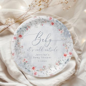 冬の雪ほこりっぽい青いリースの赤ちゃんシャワー ペーパープレート