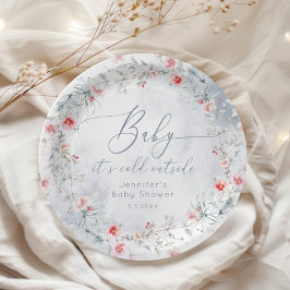 冬の雪ほこりっぽい青いリースの赤ちゃんシャワー ペーパープレート