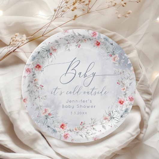 冬の雪ほこりっぽい青いリースの赤ちゃんシャワー ペーパープレート