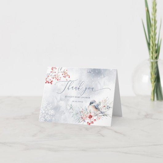 冬の雪ほこりっぽい青い赤ちゃん感謝していシャワーあなた カード (正面)