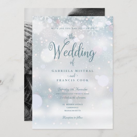 冬の雪エレガント結晶の写真結婚の 招待状 (正面/裏面)
