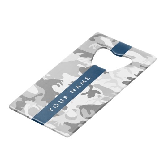 冬の雪グレーカモフラージュあなたの名前をパーソナライズ クレジットカード栓抜き (正面アングル)