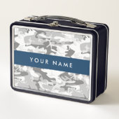冬の雪グレーカモフラージュあなたの名前をパーソナライズ メタルランチボックス (正面)