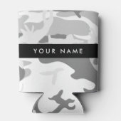 冬の雪グレーカモフラージュあなたの名前をパーソナライズ 缶クーラー (裏面)