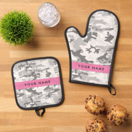 冬の雪グレーカモフラージュあなたの名前をパーソナライズ 鍋つかみ&鍋敷きセット