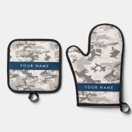 冬の雪グレーカモフラージュあなたの名前をパーソナライズ 鍋つかみ&鍋敷きセット