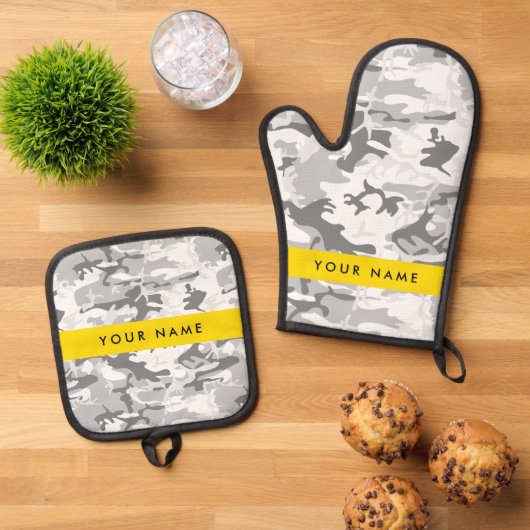 冬の雪グレーカモフラージュあなたの名前をパーソナライズ 鍋つかみ&鍋敷きセット (トップダウン)