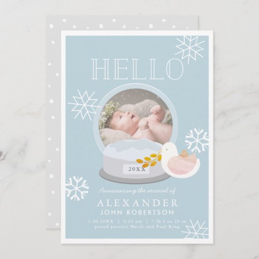 冬の雪グローブブルーボーイ誕生のお知らせ 招待状 (正面/裏面)