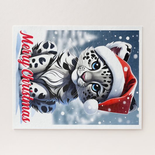 冬の雪サンタかわいいユキヒョウのカッブクリスマス ジグソーパズル (横)