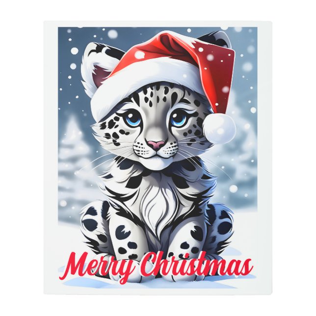 冬の雪サンタかわいいユキヒョウのカッブクリスマス メタルプリント (正面)