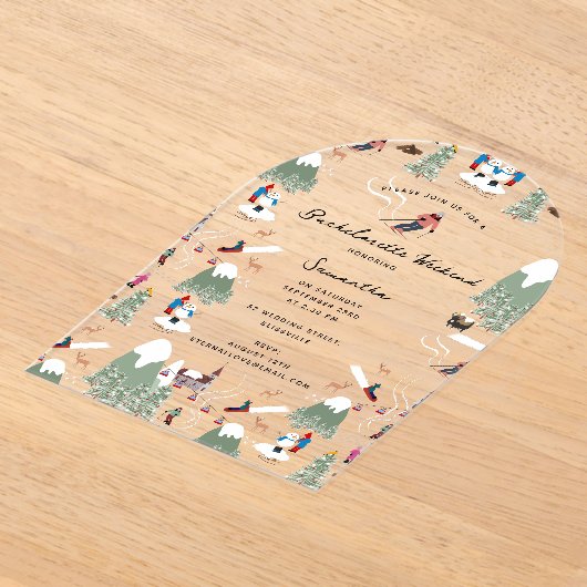 冬の雪スキーバチェロレッテ週末 アクリル招待状 (レイダウン)