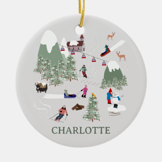 冬の雪スキー山斜面の風景 セラミックオーナメント (正面)