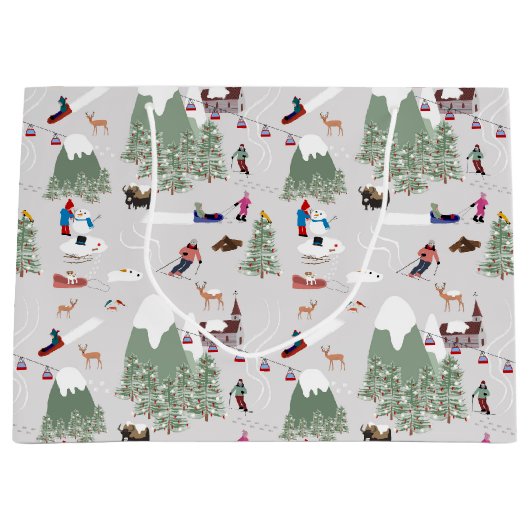 冬の雪スキー山斜面の風景 ラージペーパーバッグ (正面)