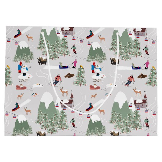 冬の雪スキー山斜面の風景 ラージペーパーバッグ (裏面)