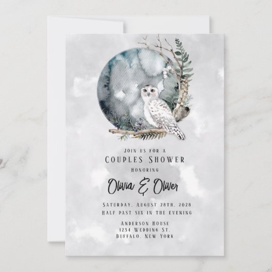 冬の雪フクロウ月の水の色のカップルのシャワー 招待状 (正面)