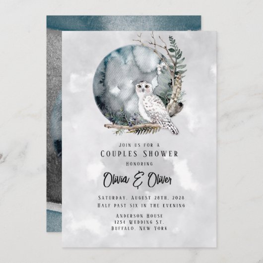 冬の雪フクロウ月の水の色のカップルのシャワー 招待状 (正面/裏面)