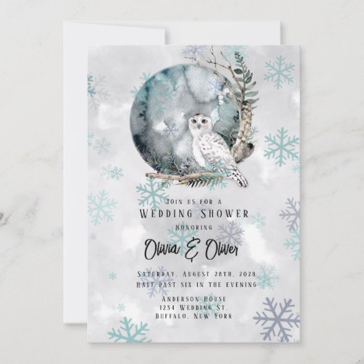 冬の雪フクロムーンウォーターのカラーウェディングシャワー 招待状 (正面)