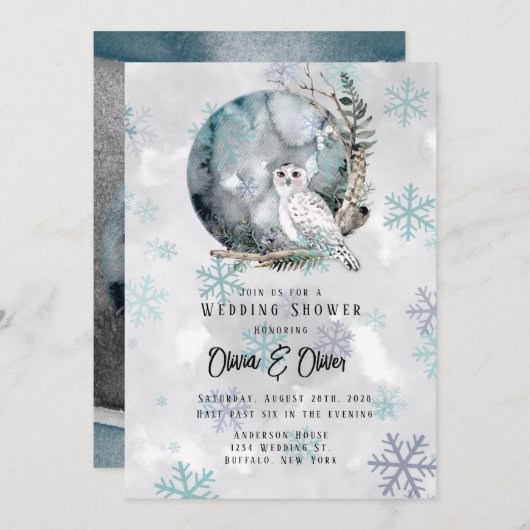冬の雪フクロムーンウォーターのカラーウェディングシャワー 招待状 (正面/裏面)
