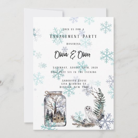 冬の雪フクロムーンウォーターのカラー婚約パーティ 招待状 (正面)