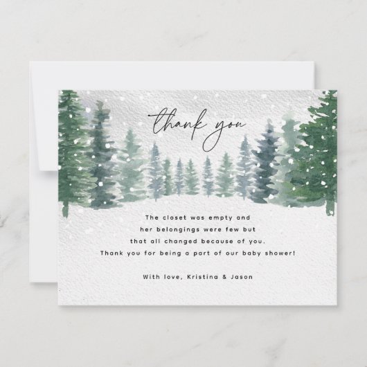 冬の雪ベビーベビーシャワー外は寒い サンキューカード (正面)