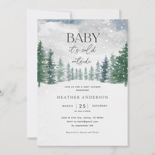 冬の雪ベビーベビーシャワー外は寒い 招待状 (正面)