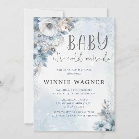 冬の雪ベビーベビーシャワー外は寒い 招待状 (正面)