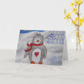 冬の雪ペンギンのグリーティングカード カード (黄色い花)