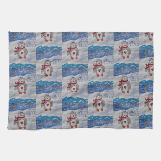 冬の雪ペンギン茶タオル キッチンタオル (横)