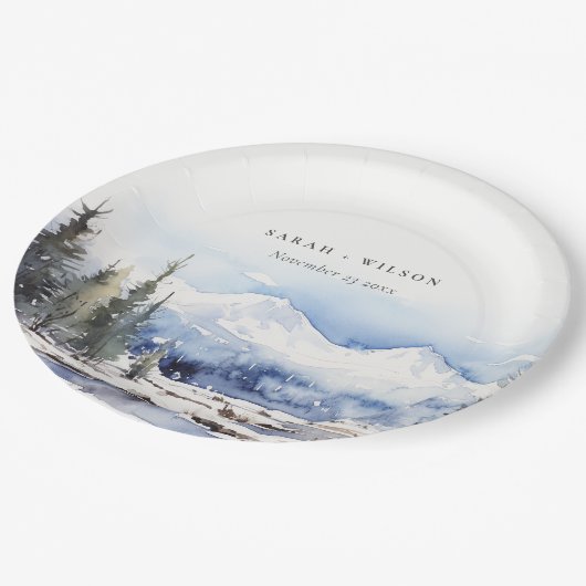 冬の雪マウンテンスキー結婚ランドスケープ ペーパープレート (アングル)