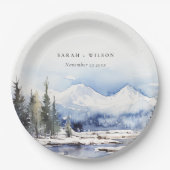 冬の雪マウンテンスキー結婚ランドスケープ ペーパープレート (正面)