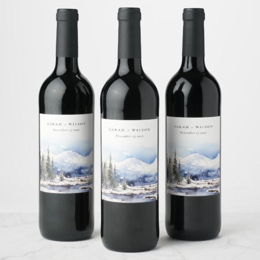 冬の雪マウンテンスキー結婚ランドスケープ ワインラベル (ボトル)